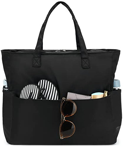 Bluboon Waterproof Beach Tote Pool Bags for Women Ladies Extra Large Carry On Bag With Wet Compartment for Weekender Travel - color: M-black