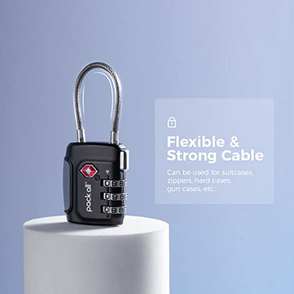 pack all TSA Approved Travel Luggage Locks, Resettable 3-Digit Code | Flexible Steel Cable, Zinc Alloy Body, Clear Number Dials, For Suitcase, Toolbox, Backpack, 4 Pack