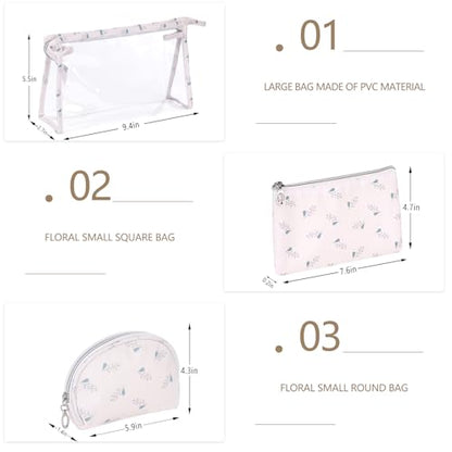 Richeart Makeup Bag, Clear Bag with Zipper, 3PC Floral Flowers Makeup Pouch, Waterproof Small Pouch, Portable Travel Toiletry Bag, E - style: E