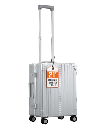 Aleon All Aluminum Lightweight 21" Premium International Carry-On Luggage - Hardside Carry-On Suitcase, TSA Approved, Hard Shell Suitcase, Airline Approved Hard Spinner Wheels Luggage (Platinum) - color: platinum