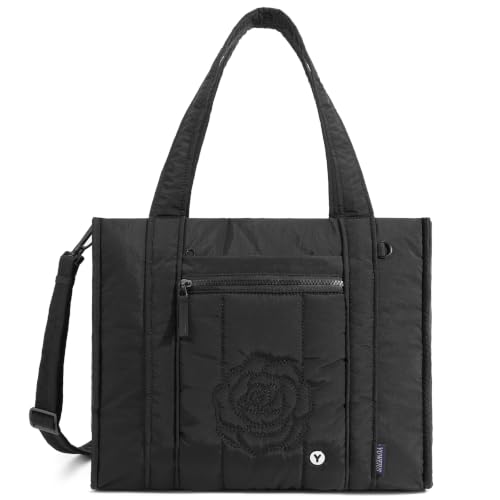 Puffer Tote Bag for Women, Lightweight Laptop Travel Tote Bags with Cup Holder & Trolley Sleeve for Work Gym - color: 02-black