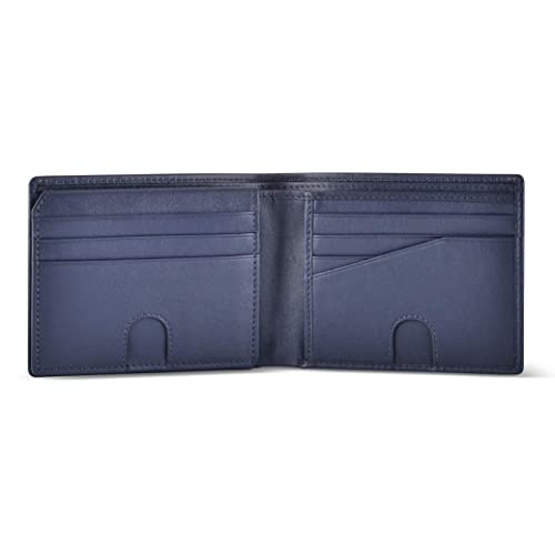 Mens RFID Blocking Bifold Wallet Napa Top Grain Leather, Secure and Durable Extra Capacity Billfold with 11 Credit Cards & Flip Up ID in Storm Cloud Blue with Tight Stitching, Quick Thumb Push Access - color: Power Blue - Storm Cloud Blue