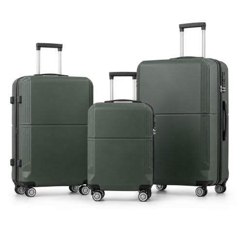 3-Piece ABS Hardshell Luggage Set, Lightweight Durable Suitcases with 4 Silent Spinner Wheels, TSA Lock & Scratch-Resistant Surface, 20"/24"/28", Dark Green - color: Dark Green+Solid