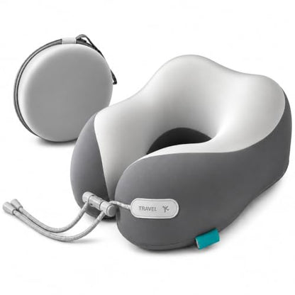 Travel Neck Pillow for Airplane, 50D Memory Foam, Cooling Ice Silk Cover, U-Shape, Adjustable Buckle, Washable Cover with Carry Case (Grey) - color: Grey