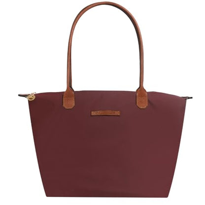 Waterproof Nylon Tote bag for Women Lightweight Designer Handbag with Zipper Stylish and Durable Purse - color: Wine Red, size: Large