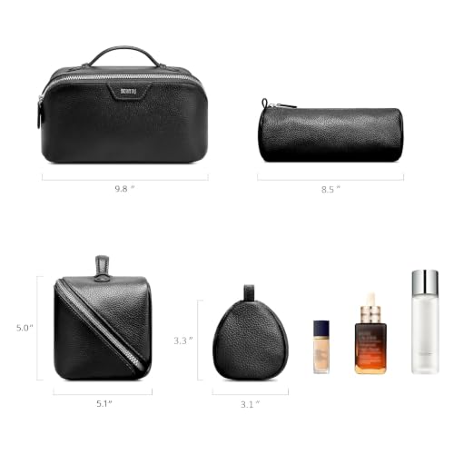 BOYATU Genuine Leather Travel Makeup Bag: Hand-made 3 Pcs Set Cosmetic Bags - color: 02Obsidian