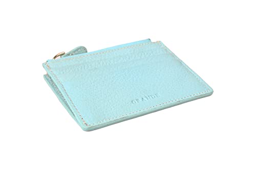 grande 3603 Genuine Leather Card Holder For Women and Men Slim Minimalist Small Zipper Wallet (MINT GREEN) - color: MINT GREEN