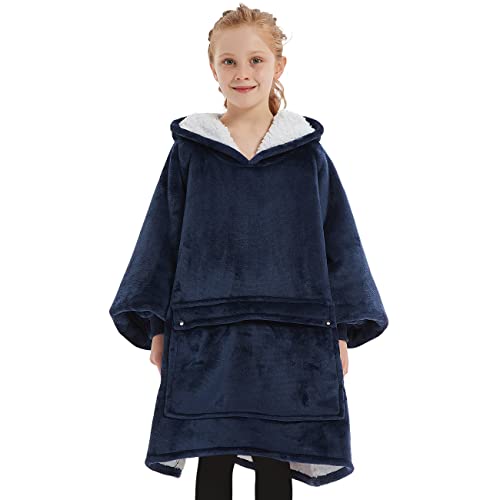 KFUBUO Wearable Blanket Hoodie for Kids With Pocket, 6-10 Year Old, Navy - color: Navy, size: Kids 6-10YR