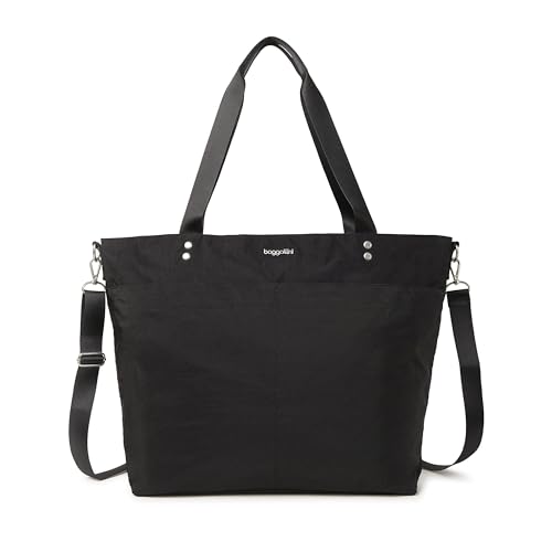 Baggallini Carryall Tote - Lightweight Nylon Zipper Top Weekender Travel Beach Bag w/Luggage Sleeve - color: Black