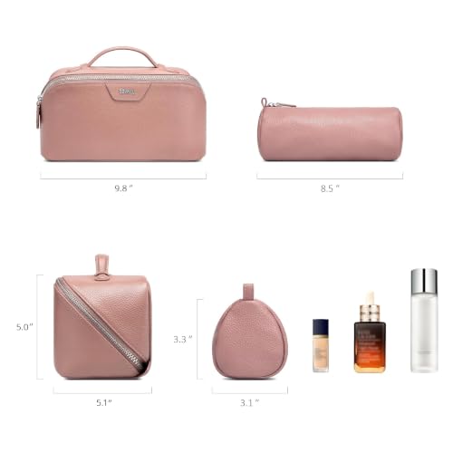 BOYATU Genuine Leather Travel Makeup Bag: Hand-made 3 Pcs Set Cosmetic Bags - color: 05Pink