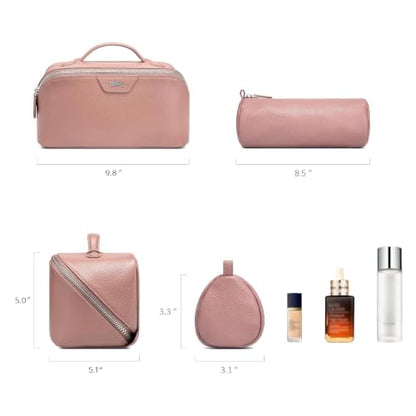 BOYATU Genuine Leather Travel Makeup Bag: Hand-made 3 Pcs Set Cosmetic Bags - color: 05Pink