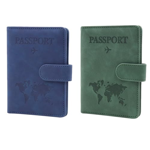 2 Pack Passport Book Holders, PU Leather Passport Cover - color: Dark Green & Dark Blue