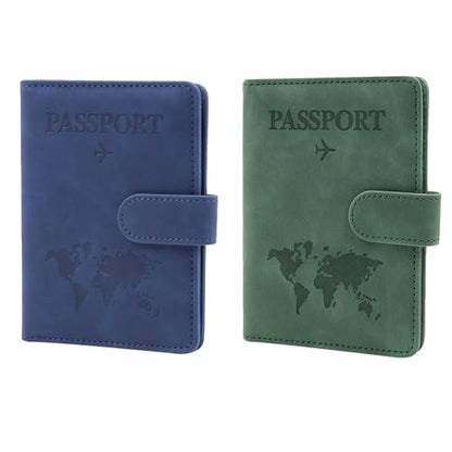 2 Pack Passport Book Holders, PU Leather Passport Cover - color: Dark Green & Dark Blue