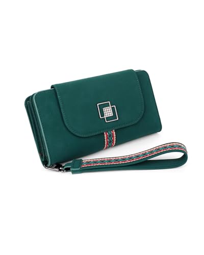 FADEON Leather Wallets for Women, Designer Large RFID Blocking Trifold - color: Dark Green Nubuck Style