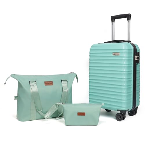 Luggage Set 3 Piece Luggage Set ABS hardshell Spinner Wheels Luggage Carry on Suitcase with Weekender bag & Toiletry bag（Mint Green - color: 3pcs Mint Green, size: 20