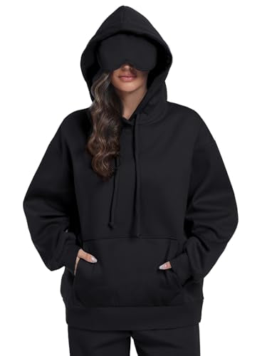 SeSe Code Travel Hoodie with Eye Mask Sleep Unisex Oversized Sweatshirt for Airplane, Road Trip Naps Fleece Couples Hoodies - color: Black, size: XX-Large