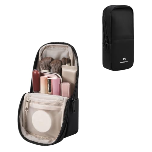 RSRSLEII Standing Makeup Bag, Wipe-Clean Brush Holder, Small Waterproof PU Leather Cosmetic Bag with Compartments, Portable Travel Brush Storage Dustproof Bag Case (04Black) - color: 04Black