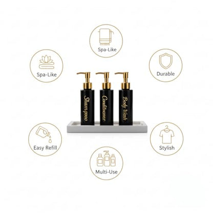 Shampoo and Conditioner Dispenser - Essentials Toiletry Bottles - Shower Refillable Shampoo and Body Wash Soap Pump Bottle – 3x 3oz TSA-approved Travel Size Containers - Black All Gold 2 Round - color: Black All Gold 2 Round, size: Small