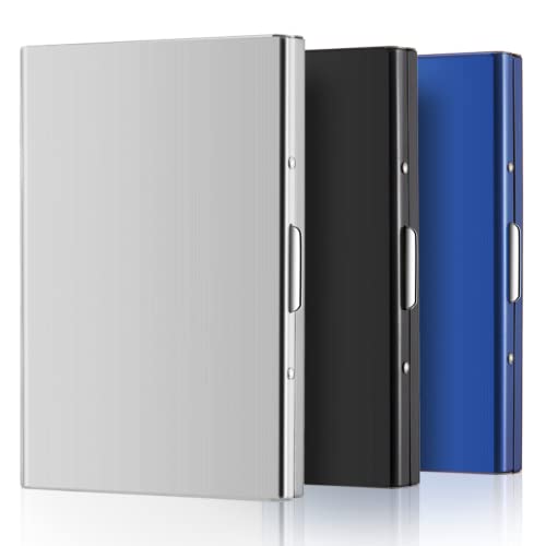 Thenshop 3 Pcs Metal Credit Card Holder, Silver, Black, Blue | Rfid Blocking Stainless Steel Wallet, 6 Slot Hard Case, Slim Business Protector for Men Women, ID Name Cards Organizer - color: Blue