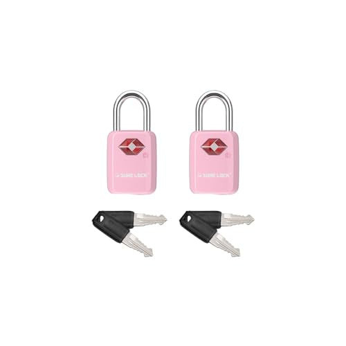 SURE LOCK Mini TSA Approved Keyed Luggage Lock – One Key Opens All, Fits Tight Zipper Gaps & Small Pull Holes, Compact Travel Lock for Suitcases, Backpacks & Handbags - color: PINK 2 LOCKS
