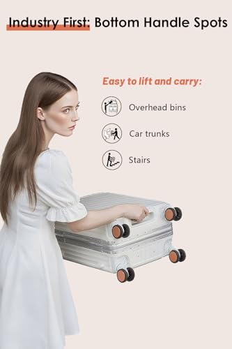 HotWay 24 Inch Checked Luggage with Leather Handle,Silver | Checked Luggage,Zipperless,Hardside,Leather Handle,8 Spinner Wheels,TSA Locks,For Long Trip,Silver - color: Silver (Brown Leather), size: Checked in 24inch