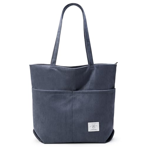KALIDI Women Corduroy Tote Bag Zipper Casual Tote's Handbag Big Capacity Shoulder Bag with Pockets - color: D-grey
