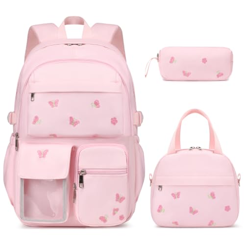 ACESAK 3PCS Embroidered Girls Backpack with Lunch Bag Set,Pink Batterfly - color: Pink Butterfly