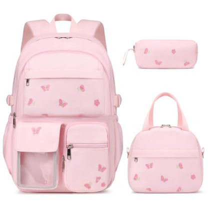 ACESAK 3PCS Embroidered Girls Backpack with Lunch Bag Set,Pink Batterfly - color: Pink Butterfly