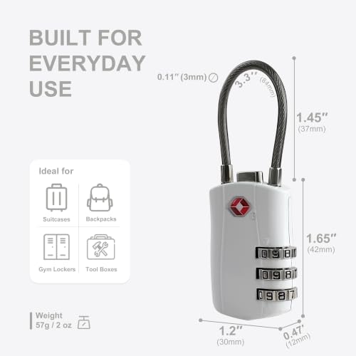 TSA Locks for Luggage, Small Combination Padlock with Cable, Travel Essentials Luggage Locks TSA Approved, Combo Padlock with Code, for Suitcase, Bag, Backpack Zipper, Gym Locker (2-Pack) - color: Black+White