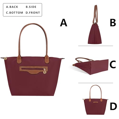 Waterproof Nylon Tote bag for Women Lightweight Designer Handbag with Zipper Stylish and Durable Purse - color: Wine Red, size: Large