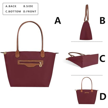 Waterproof Nylon Tote bag for Women Lightweight Designer Handbag with Zipper Stylish and Durable Purse - color: Wine Red, size: Large