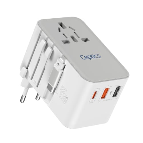 Ceptics 45W Universal Adapter, USB-C Cable, 3 USB Ports & Universal Input - color: White/Silver