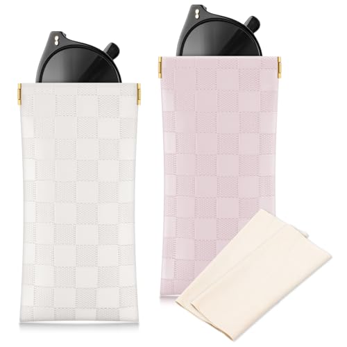 Sightor Sunglasses Case 2 Pcs Soft Eyeglass Cases Checkered Glasses Pouch - color: White, Pink