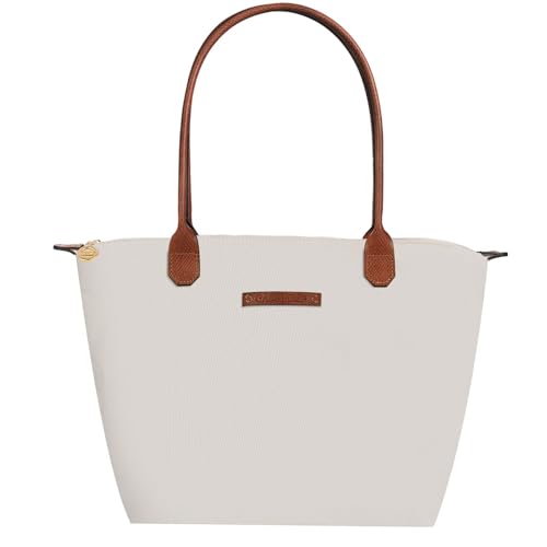 Waterproof Nylon Tote bag for Women Lightweight Designer Handbag with Zipper Stylish and Durable Purse - color: Paper White, size: Large