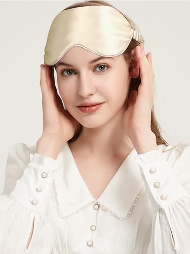 100% Mulberry Silk Eye Mask for Sleeping with Silk Wrapped Adjustable Strap,Beige - color: Beige