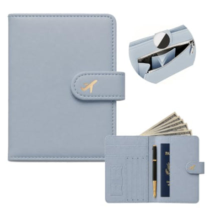 RFID Passport Holder with Tracker Slot, Leather Travel Wallet - color: Blue