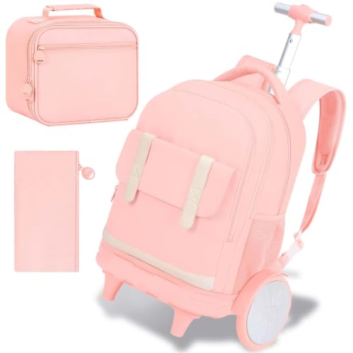 KLFVB Rolling Backpack for Women & Girls with Big Quiet-Glide Wheels, 3-in-1 Wheeled Commuter Set with Lunch Bag | Water-Resistant Roller Bookbag for Work, School, Travel - Pink - color: Girls Rolling Backpack with Big Wheels - Pink