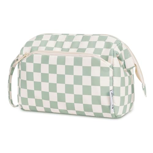 Narwey Travel Makeup Bag Toiletry Bag, Wide Open Cosmetic Bag for Women - color: C-Mint Green Checkerboard, size: Small