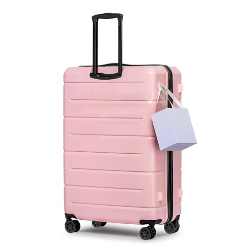 KYME 28 Inch Luggage with Wheels Hardshell Large Suitcase Lightweight Big Checked Luggage with TSA Lock Travel Rolling Suitcase for Women Men Pink - color: Light Pink, size: Checked-Large 28-Inch