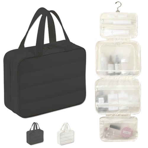 Hanging Toiletry Bag for Women, Large Capacity Travel Makeup Organizer with Hook, Waterproof Cosmetic Bag with Translucent TPU Compartments for Bathroom, Gym, Camping (Black) - color: Black