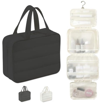 Hanging Toiletry Bag for Women, Large Capacity Travel Makeup Organizer with Hook, Waterproof Cosmetic Bag with Translucent TPU Compartments for Bathroom, Gym, Camping (Black) - color: Black