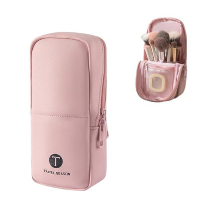 Standing Travel Makeup Bag, Small Fold-Down Makeup Brush Organizer (Pink) - color: Pink