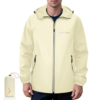 APEXUP Packable Rain Jacket Men Waterproof Lightweight Raincoat with Hood - color: Beige, size: 3X-Large