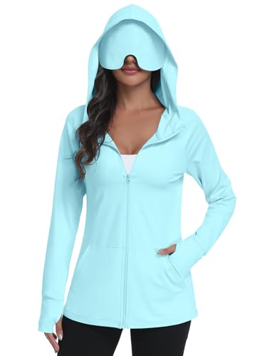 SeSe Code UPF 50+ Hoodie With Eye Mask Womens Zip Up Travel Jackets - color: Lake Blue, size: X-Large