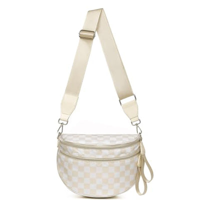 Spacious RFID Checkered Crossbody Bag Nylon Bum Bag for Women Travel Purse - color: Beige Checkered