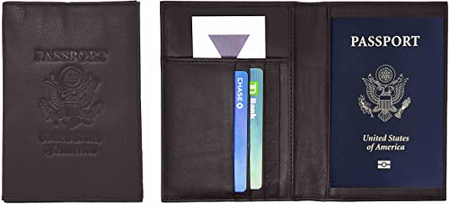 Genuine Cowhide Leather Brown RFID-Blocking Passport Cover Case Holder & Wallet - color: Brown (With RFID)