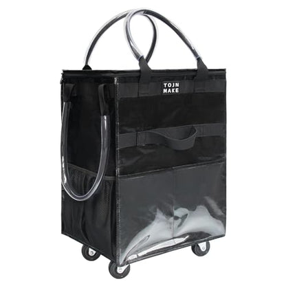 Reusable Grocery Bag with Wheels, Large Black Rolling Tote | 8 Pockets, Zipper Cover, Foldable for Women, Kitchen, Travel, Carries Up to 76LBS - color: Black, size: Large