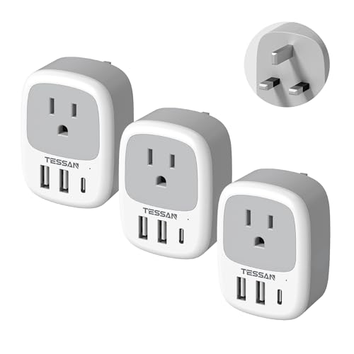 TESSAN US to UK Plug Adapter, Type‑G Adaptor 3‑Pack - color: White-Grey-Type G