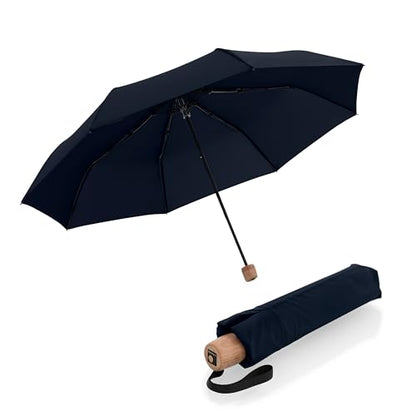 Knirps TIMBER Manual Umbrella - Compact Folding Rain Protection with German Beechwood Handle, Wind Tunnel Tested Frame, Portable Travel Design - color: Navy