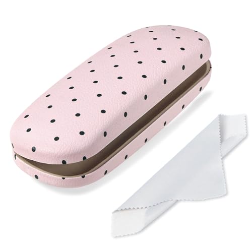 Glasses Case Hard Shell, Cute Sunglasses Case for Women Leather Protective Case for Eyeglass with Cleaning Cloth - color: Pink Black Polka Dot